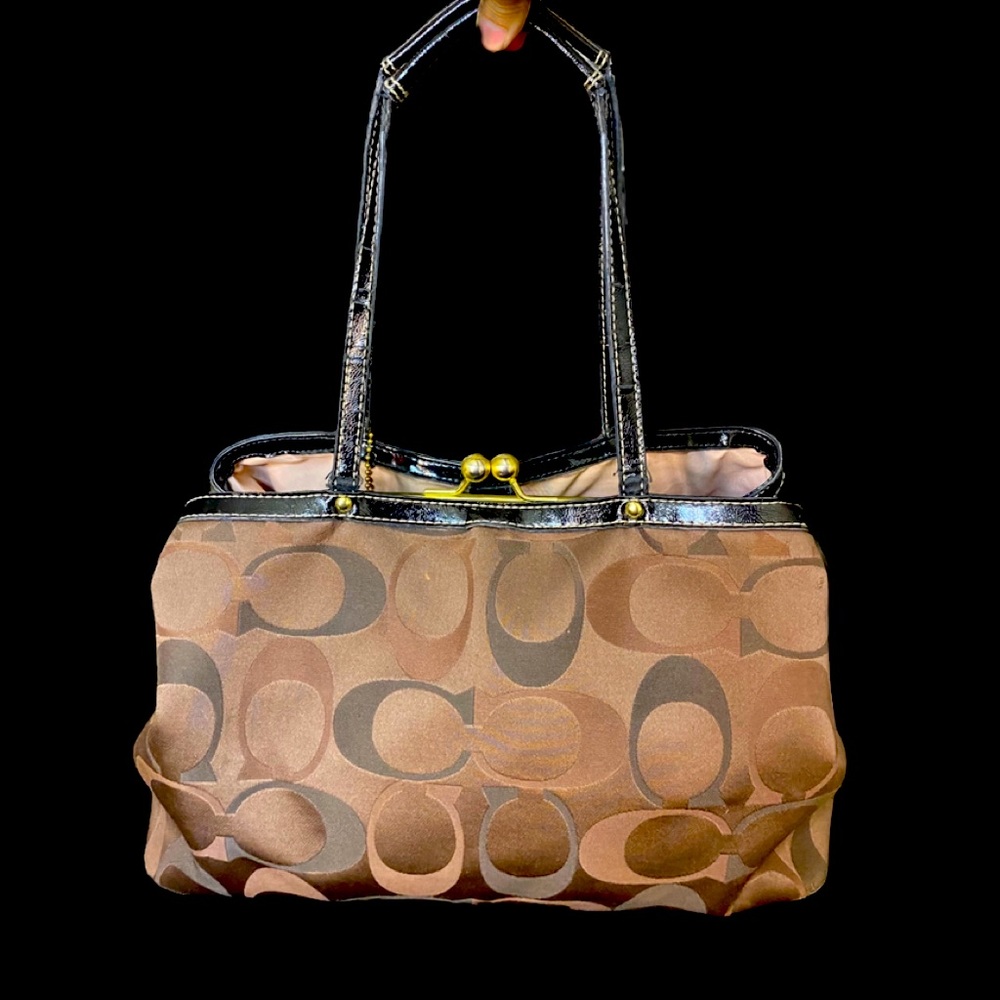 Coach Signature brown sateen Stripe Framed Carryall Tote/Shoulder/Handbag